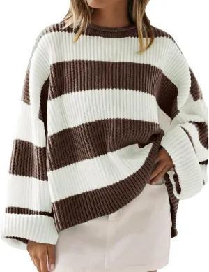 Womens Orange and White Knit Striped Sweater Oversized Long Sleeve Crew Neck Comfy Pullover Sweater Fall Winter Top