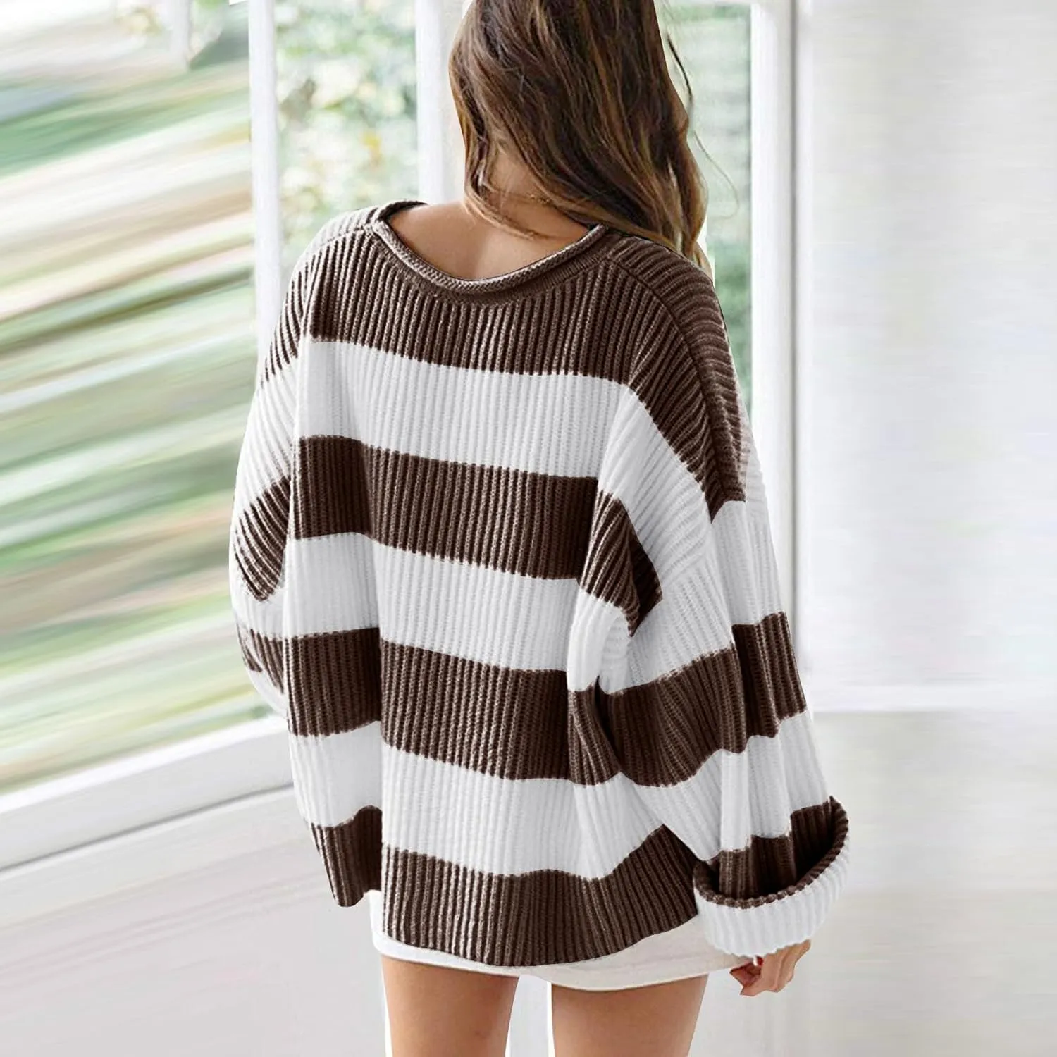 Womens Orange and White Knit Striped Sweater Oversized Long Sleeve Crew Neck Comfy Pullover Sweater Fall Winter Top