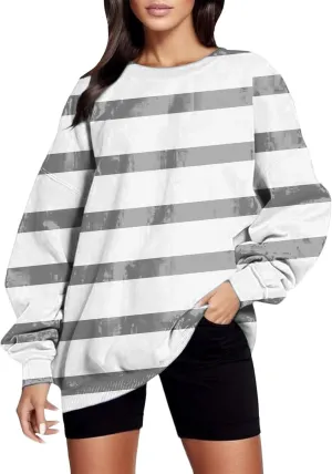 Womens Oversized Sweatshirts Striped Color Block Loose Pullover Workout Hoodies Fall Long Sleeve Round Neck Comfy Tops