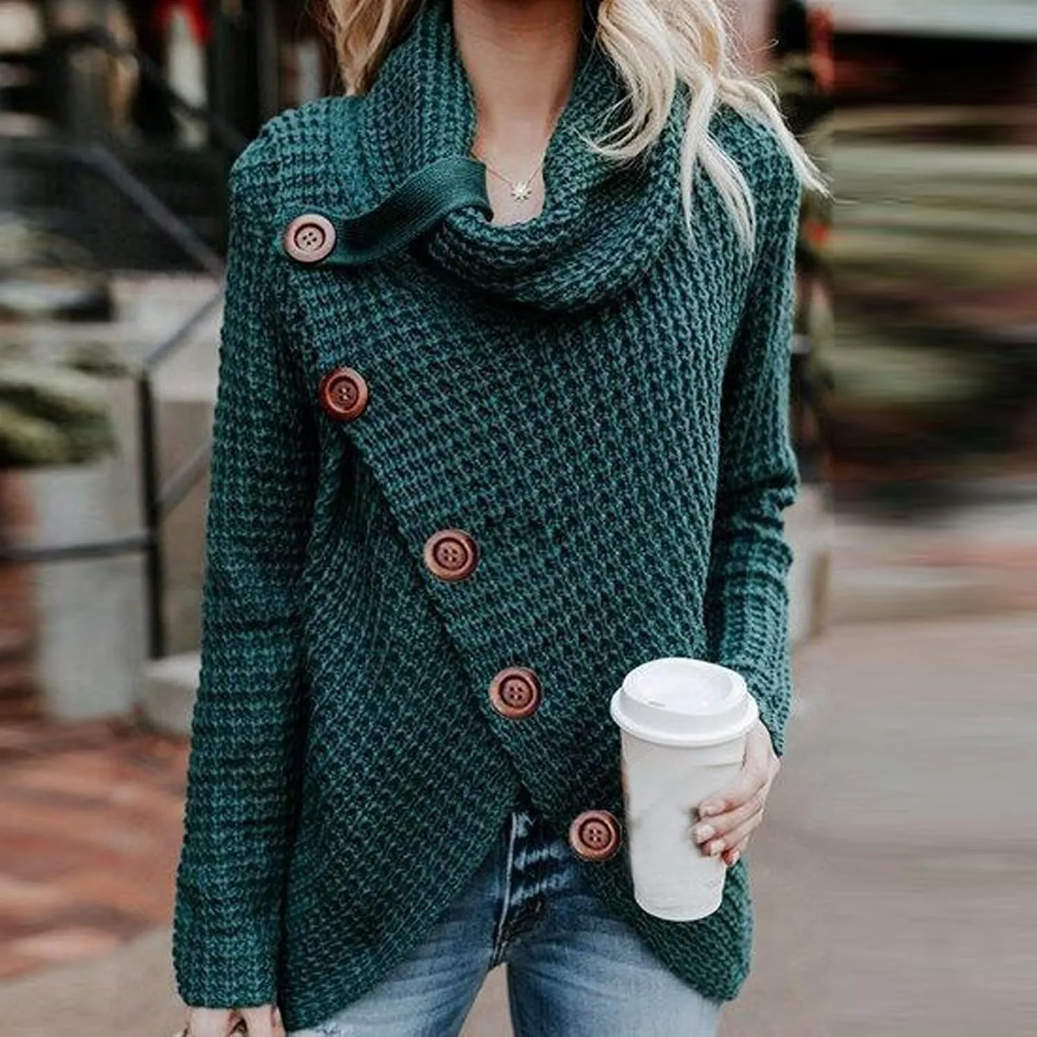 Women's Oversized Turtleneck Spilt Casual Loose Button Knit Tunic Pullover Sweater Blouse Tops 2024 Fall Outfits