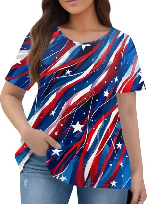 Women's Plus American Flag T-Shirt USA Flag Trendy Short Sleeve Tops 4Th of July Crew Neck Blouser Summer Baggy Outfit
