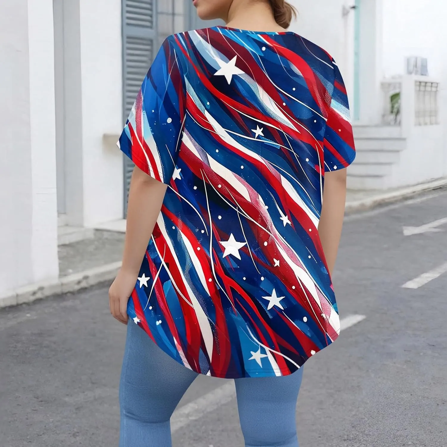 Women's Plus American Flag T-Shirt USA Flag Trendy Short Sleeve Tops 4Th of July Crew Neck Blouser Summer Baggy Outfit