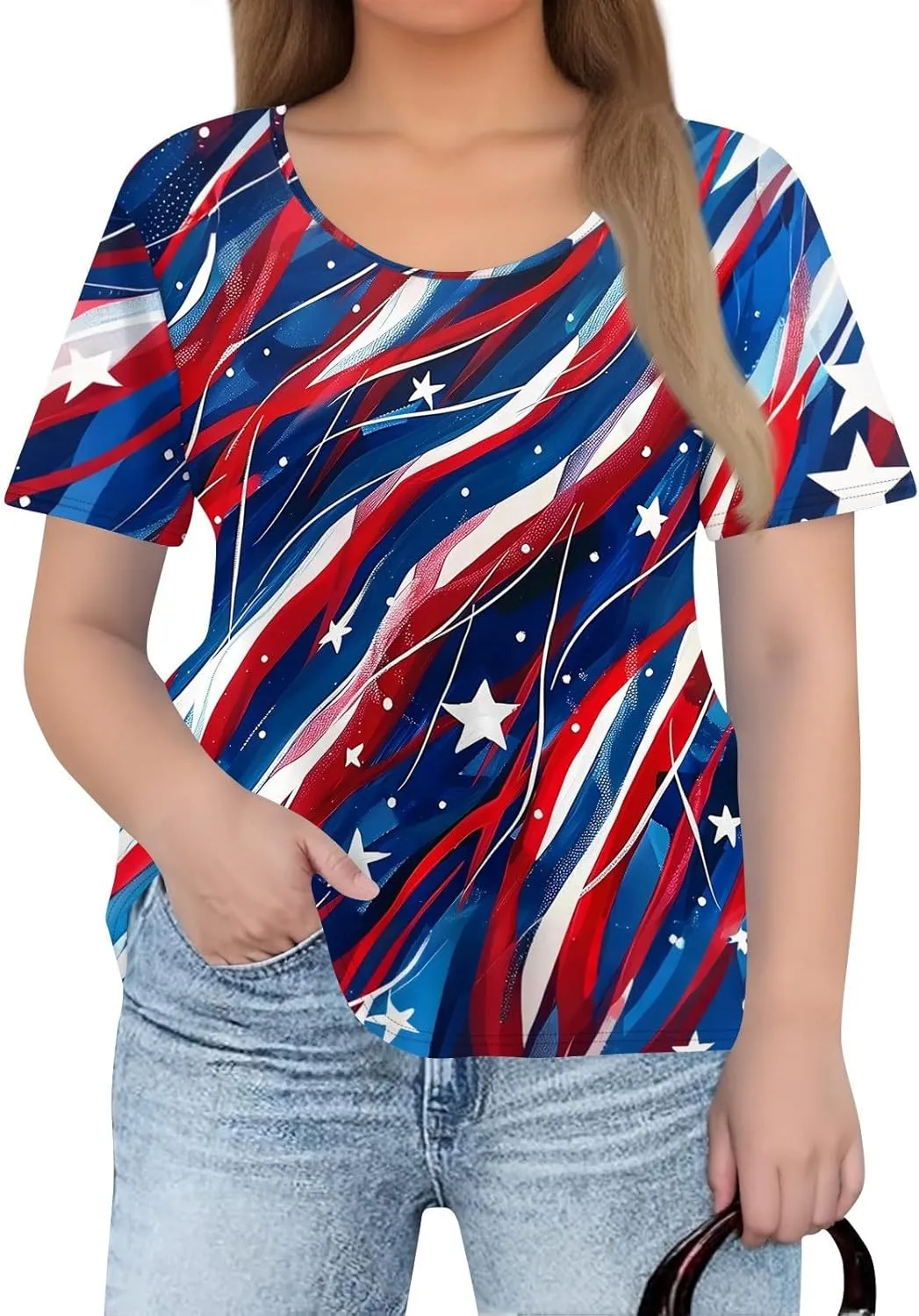 Women's Plus American Flag T-Shirt USA Flag Trendy Short Sleeve Tops 4Th of July Crew Neck Blouser Summer Baggy Outfit