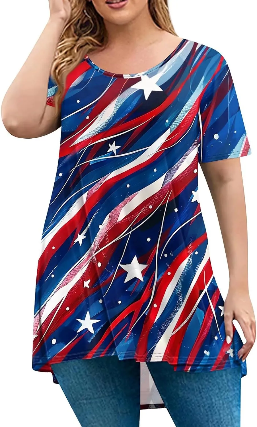 Women's Plus American Flag T-Shirt USA Flag Trendy Short Sleeve Tops 4Th of July Crew Neck Blouser Summer Baggy Outfit