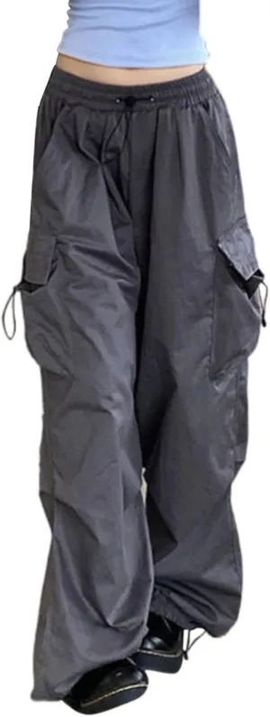 Women's Plus Size Camo Cargo Pants High Waist Adjustable Straight Relaxed Fit Baggy Parachute Hiking Pants with Pocket