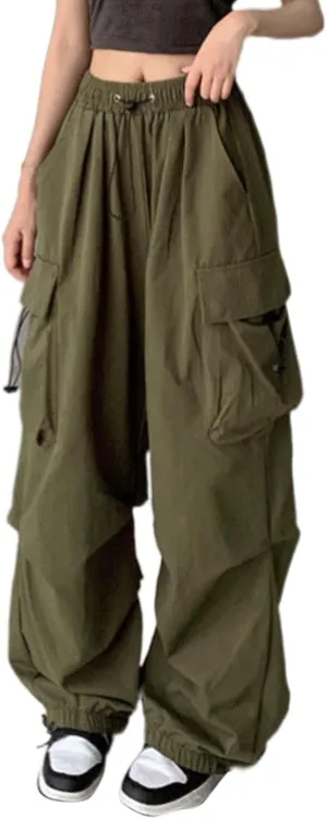 Women's Plus Size Camo Cargo Pants High Waist Adjustable Straight Relaxed Fit Baggy Parachute Hiking Pants with Pocket