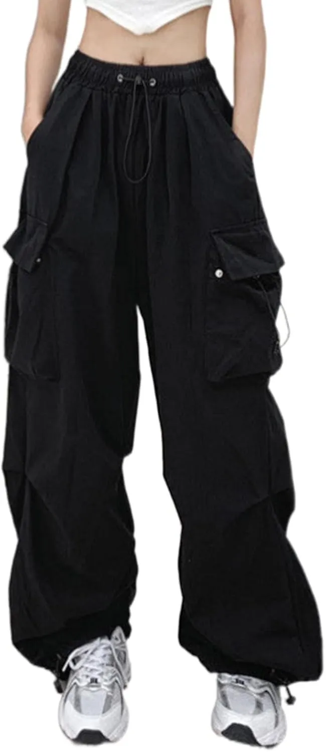 Women's Plus Size Camo Cargo Pants High Waist Adjustable Straight Relaxed Fit Baggy Parachute Hiking Pants with Pocket