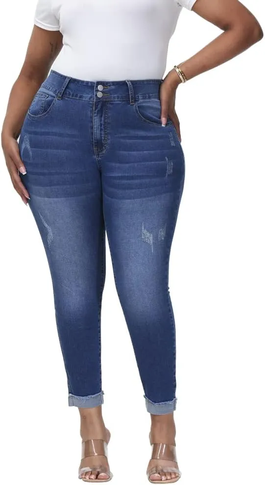 Womens Plus Size Skinny Jeans High Waisted Stretchy Classic Ankle Jean