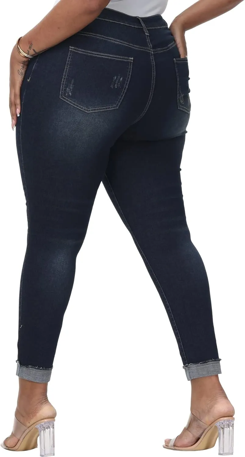 Womens Plus Size Skinny Jeans High Waisted Stretchy Classic Ankle Jean