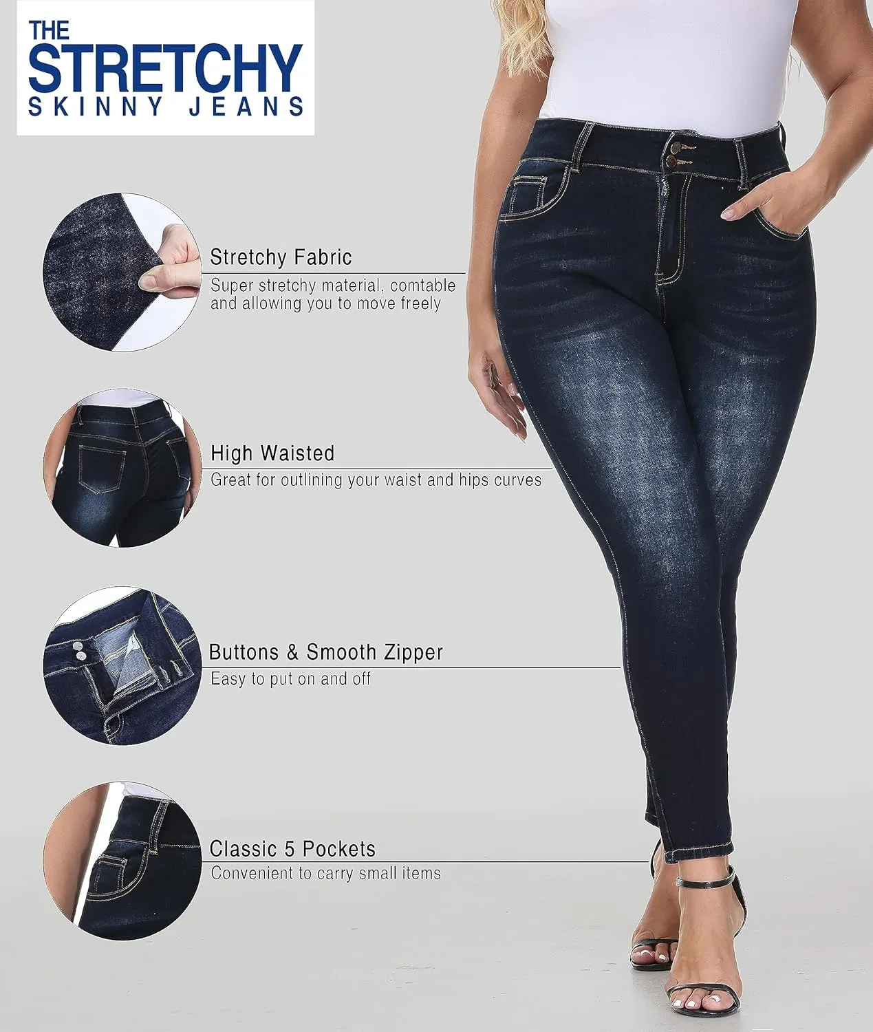 Womens Plus Size Skinny Jeans High Waisted Stretchy Classic Ankle Jean