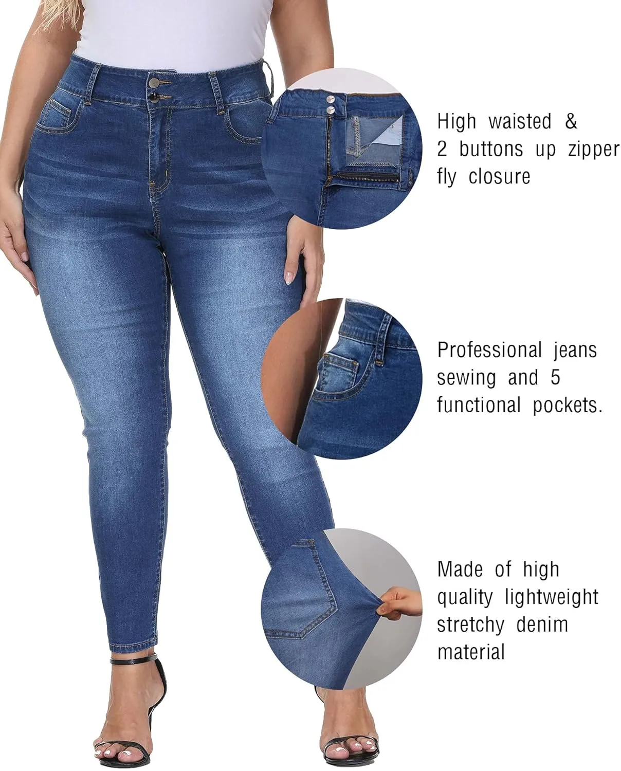 Womens Plus Size Skinny Jeans High Waisted Stretchy Classic Ankle Jean