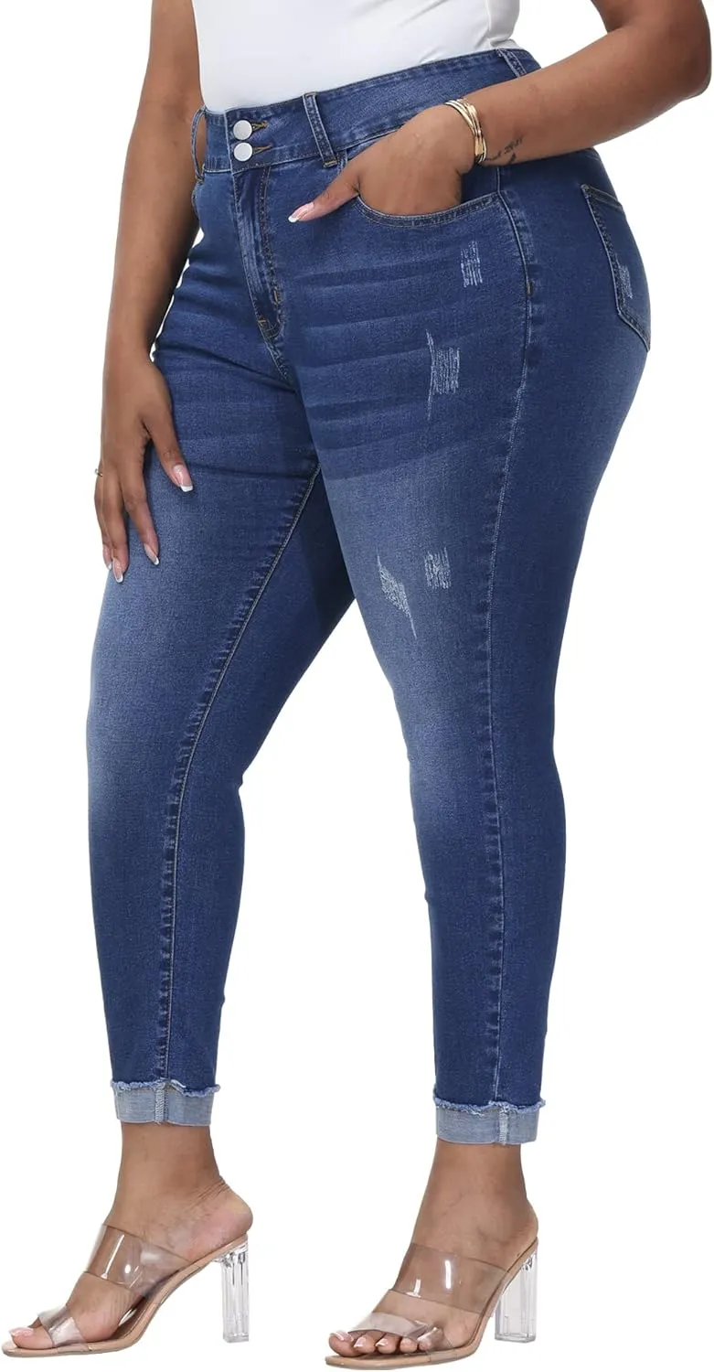 Womens Plus Size Skinny Jeans High Waisted Stretchy Classic Ankle Jean