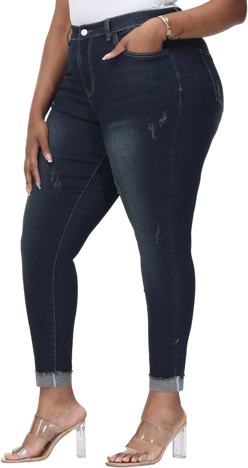 Womens Plus Size Skinny Jeans High Waisted Stretchy Classic Ankle Jean