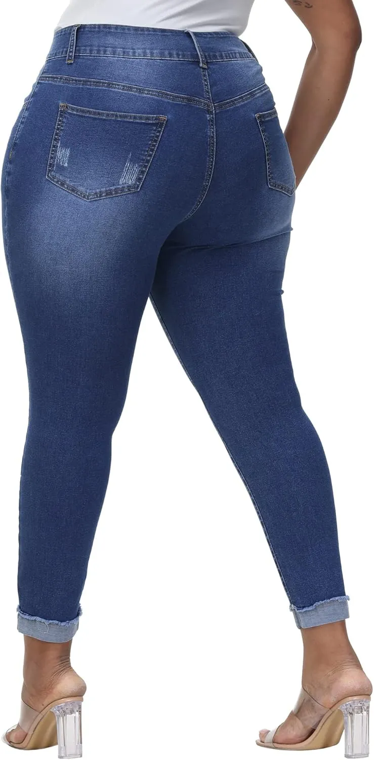 Womens Plus Size Skinny Jeans High Waisted Stretchy Classic Ankle Jean