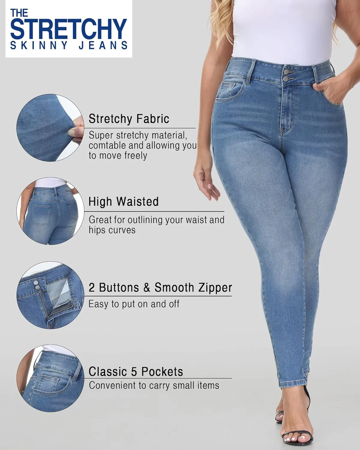 Womens Plus Size Skinny Jeans High Waisted Stretchy Classic Ankle Jean