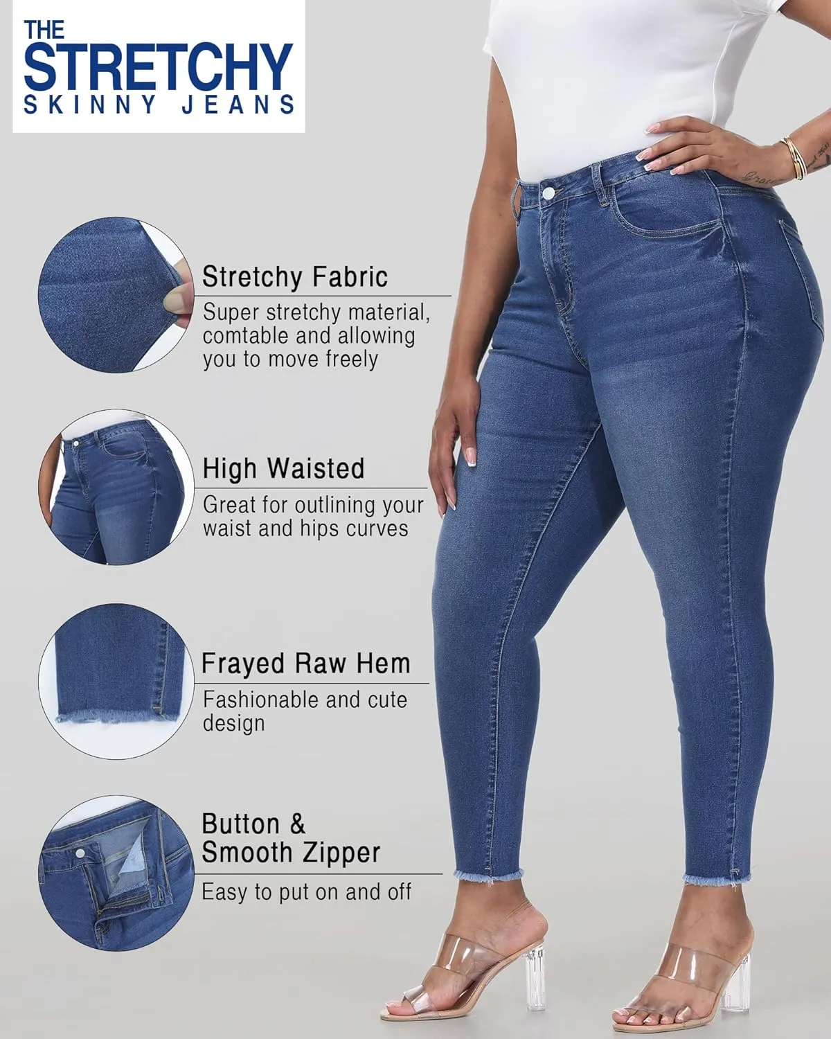 Womens Plus Size Skinny Jeans High Waisted Stretchy Classic Ankle Jean