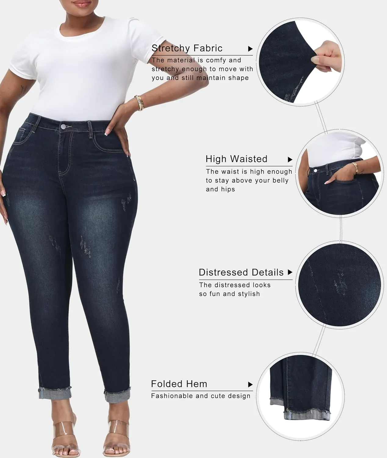 Womens Plus Size Skinny Jeans High Waisted Stretchy Classic Ankle Jean