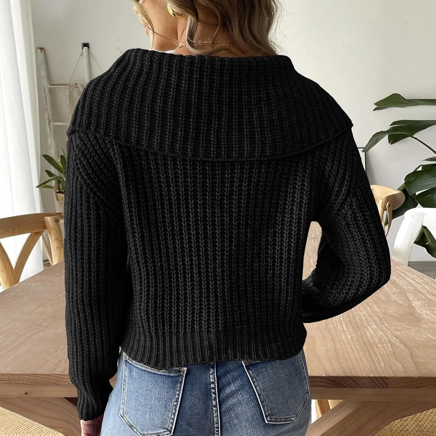 Womens Pullover Sweaters Cropped Lapel Collar V Neck Chunky Knitted Casual Slouchy Loose Jumper Tops Plus Size