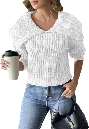 Womens Pullover Sweaters Cropped Lapel Collar V Neck Chunky Knitted Casual Slouchy Loose Jumper Tops Plus Size