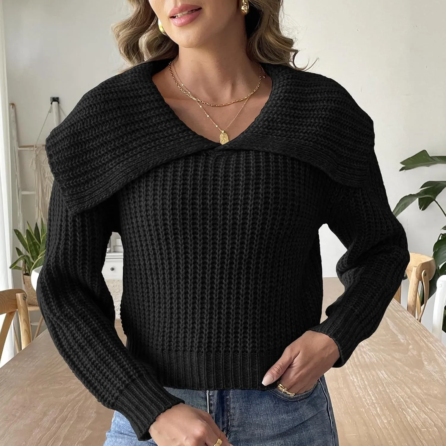 Womens Pullover Sweaters Cropped Lapel Collar V Neck Chunky Knitted Casual Slouchy Loose Jumper Tops Plus Size