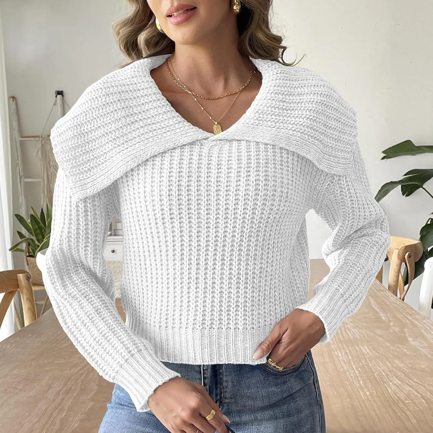 Womens Pullover Sweaters Cropped Lapel Collar V Neck Chunky Knitted Casual Slouchy Loose Jumper Tops Plus Size
