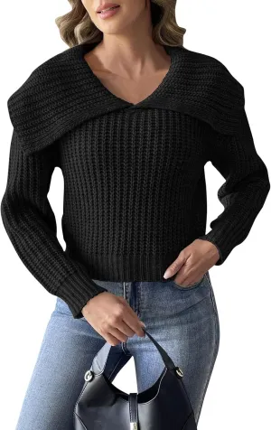 Womens Pullover Sweaters Cropped Lapel Collar V Neck Chunky Knitted Casual Slouchy Loose Jumper Tops Plus Size