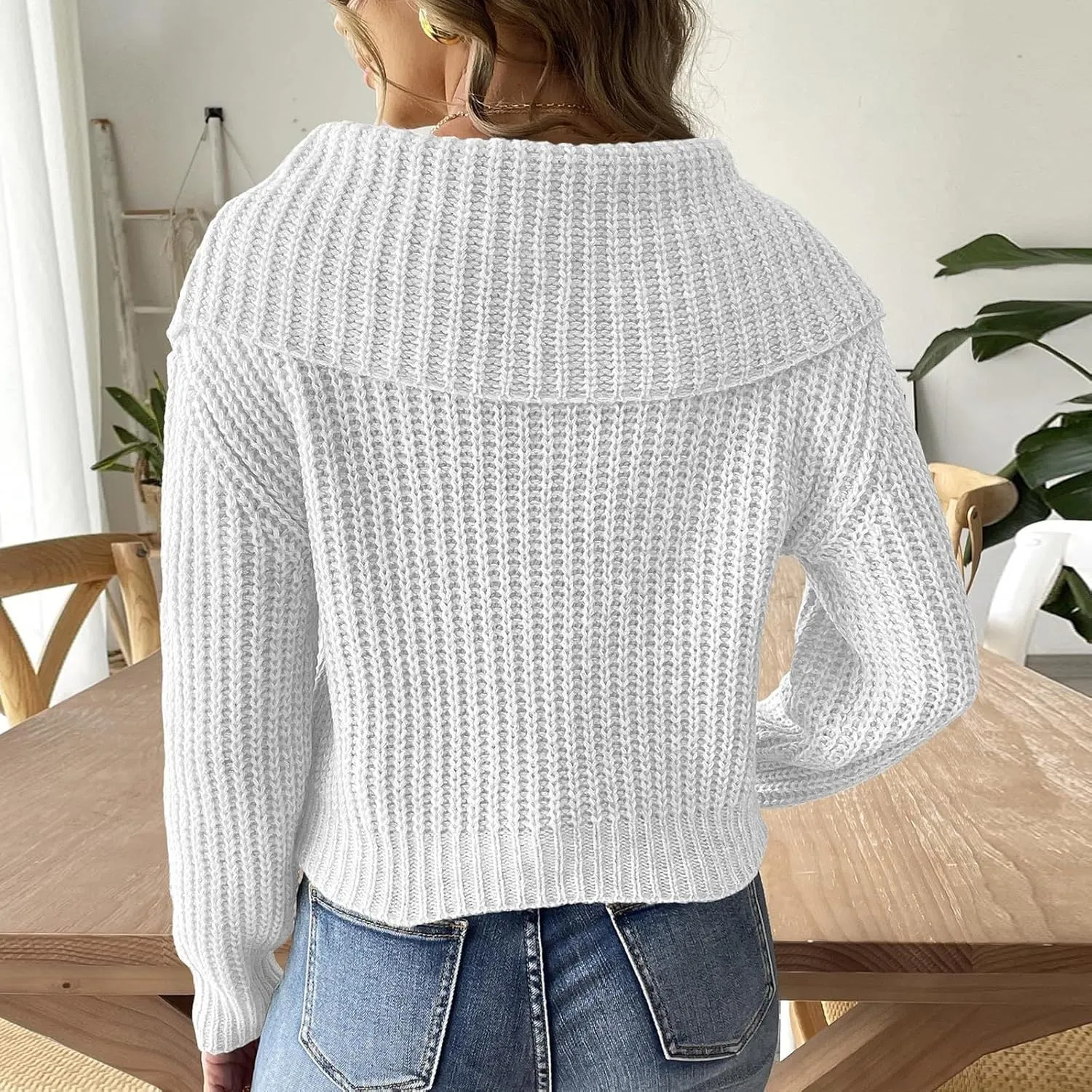 Womens Pullover Sweaters Cropped Lapel Collar V Neck Chunky Knitted Casual Slouchy Loose Jumper Tops Plus Size