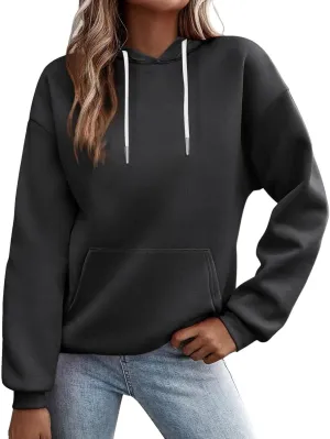Women's Regular Fit Hoodie Solid Color Loose Drawstring Hooded Long Sleeve Pullover Tops Fall Warm Fleece Sweatshirts