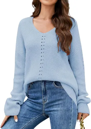 Womens Ribbed Knit Sweaters 2024 Oversized Fall Long Spilt Hem Tunic Pullover Tops Crew Neck Striped Jumper Tops