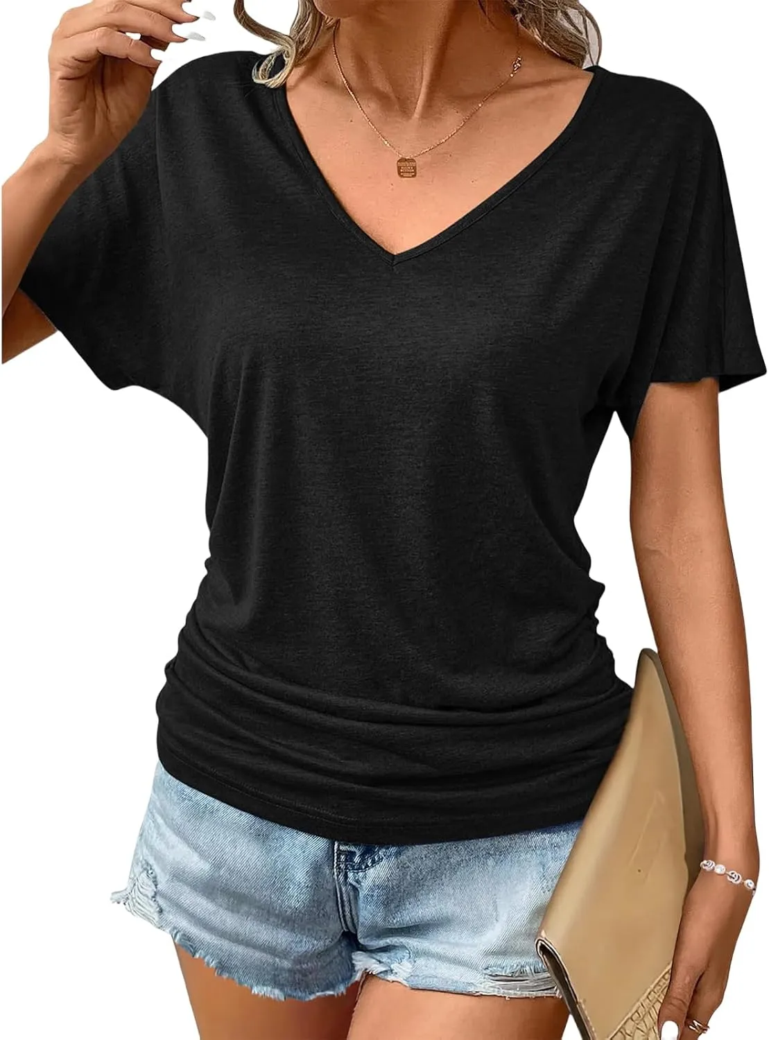 Womens Ruched Tops Versatile Casual Short/Cap Sleeve Dolman Top Casual Summer Tunic Shirts Fashion Business Blouses