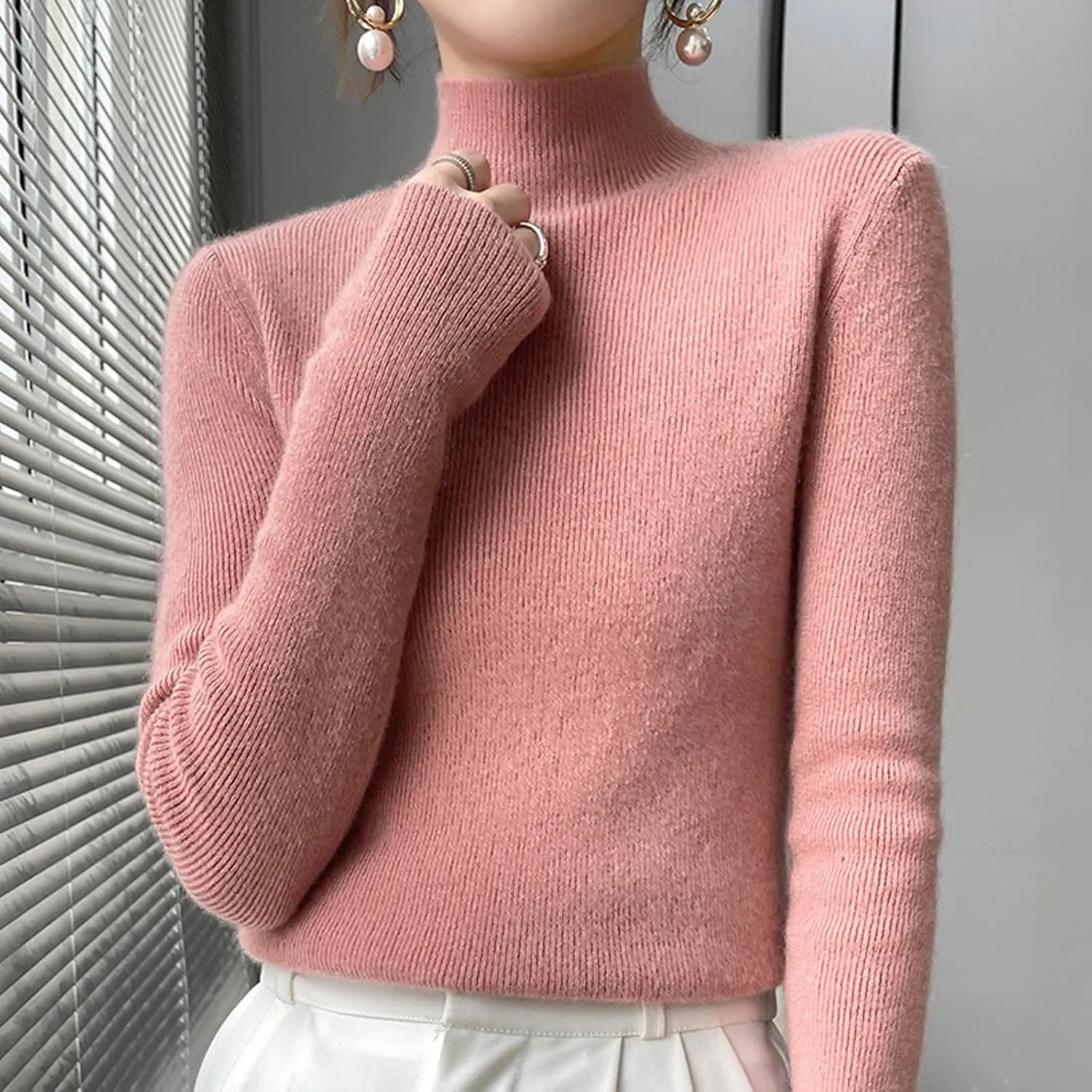 Womens Slim Fitting Sweaters Turtleneck Sweater Winter Fashion Tops Solid Color Sweater Ribbed Knit Sweater Blouse