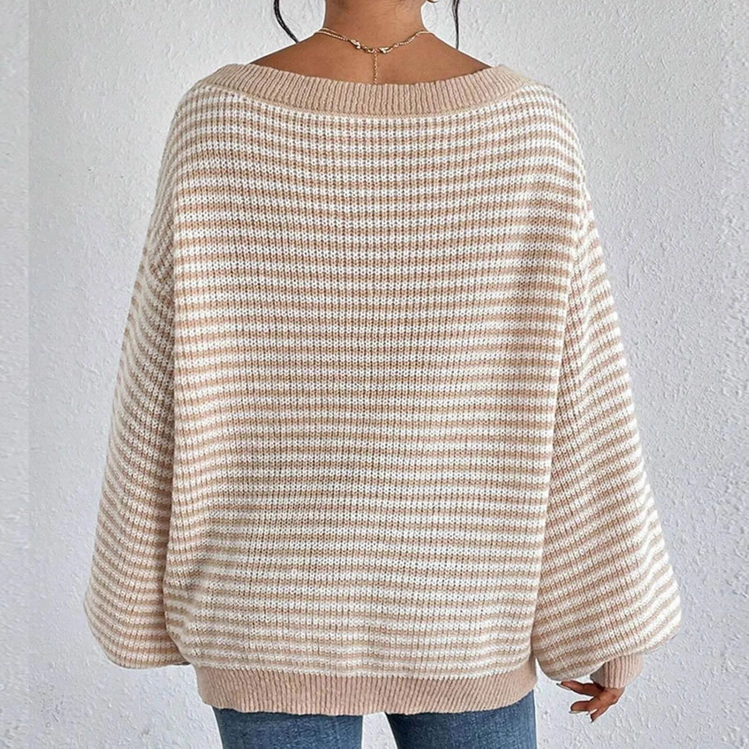 Women's Striped Off Shoulder Sweaters 2024 Fall Crew Neck Long Sleeve Knit Pullover Tops Casual Cozy Sweaters