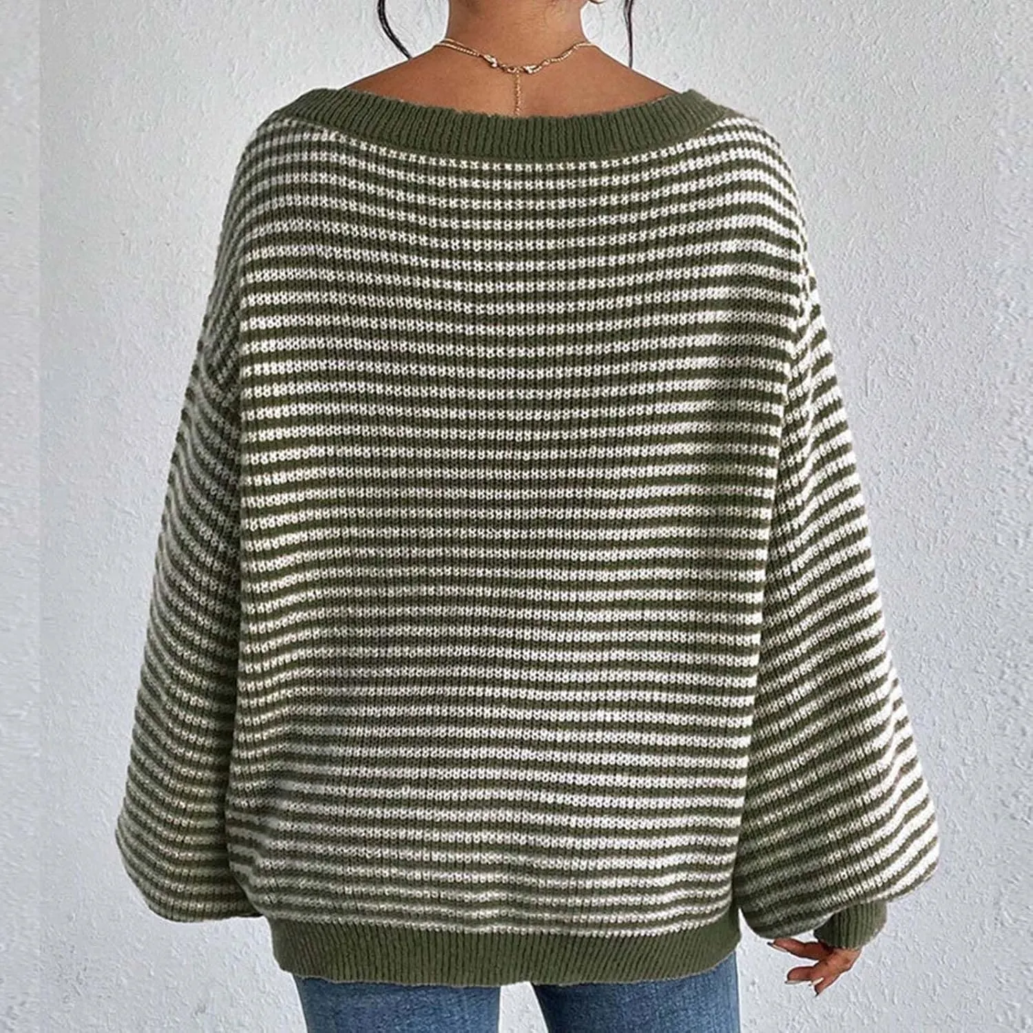 Women's Striped Off Shoulder Sweaters 2024 Fall Crew Neck Long Sleeve Knit Pullover Tops Casual Cozy Sweaters