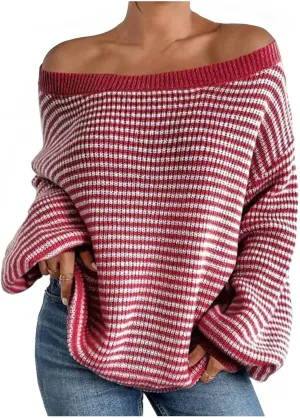 Women's Striped Off Shoulder Sweaters 2024 Fall Crew Neck Long Sleeve Knit Pullover Tops Casual Cozy Sweaters