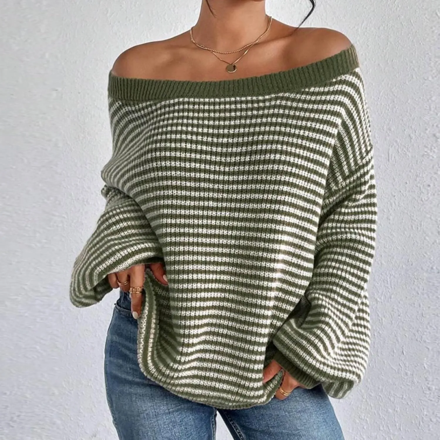 Women's Striped Off Shoulder Sweaters 2024 Fall Crew Neck Long Sleeve Knit Pullover Tops Casual Cozy Sweaters