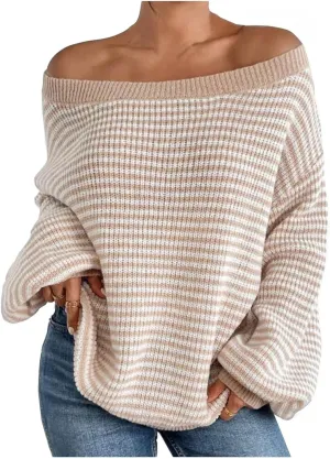 Women's Striped Off Shoulder Sweaters 2024 Fall Crew Neck Long Sleeve Knit Pullover Tops Casual Cozy Sweaters