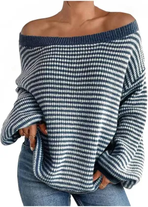 Women's Striped Off Shoulder Sweaters 2024 Fall Crew Neck Long Sleeve Knit Pullover Tops Casual Cozy Sweaters