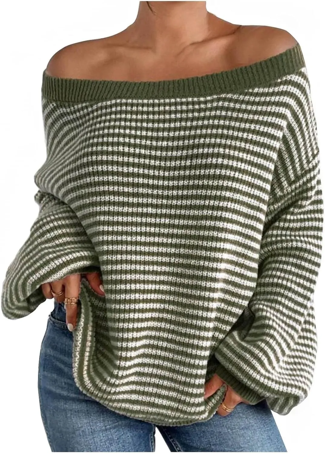 Women's Striped Off Shoulder Sweaters 2024 Fall Crew Neck Long Sleeve Knit Pullover Tops Casual Cozy Sweaters