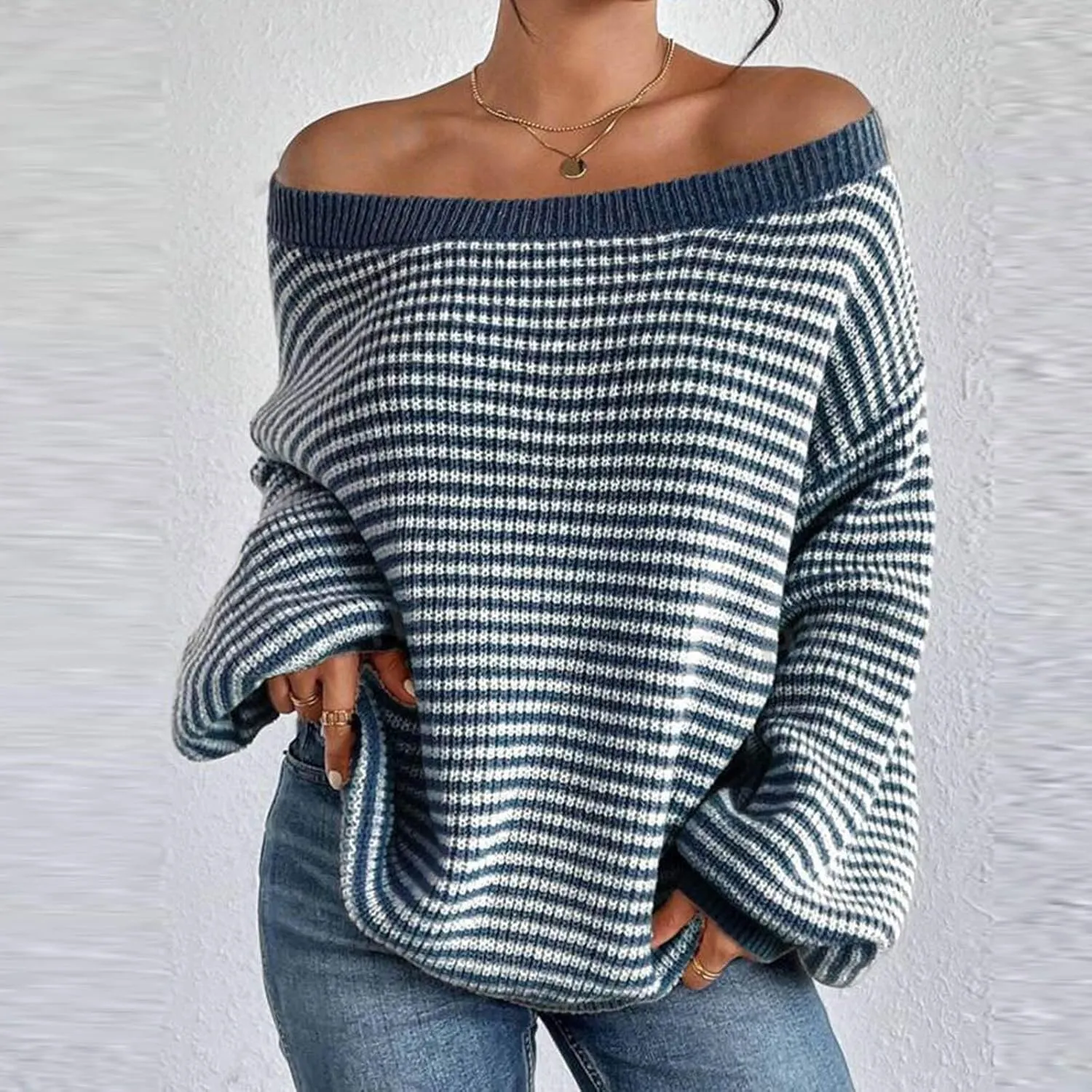 Women's Striped Off Shoulder Sweaters 2024 Fall Crew Neck Long Sleeve Knit Pullover Tops Casual Cozy Sweaters