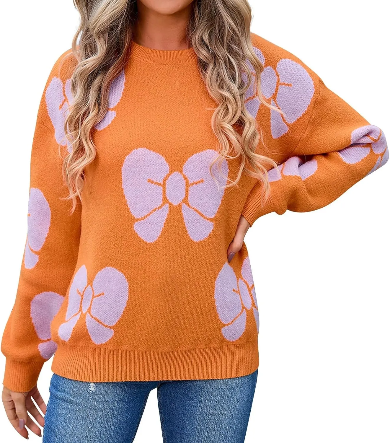 Women's Striped Sweater 2024 Long Sleeve Fall Round Neck Pullover Knit Tops Cute Casual Oversized Casual Y2K Clothes