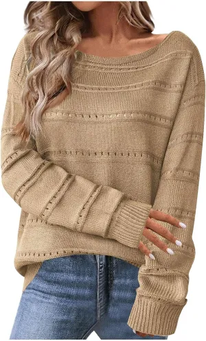 Womens Striped Sweater Casual Ribbed Knit Oversized Sweaters Crewneck Striped Color Block Loose Pullover Cute Tops