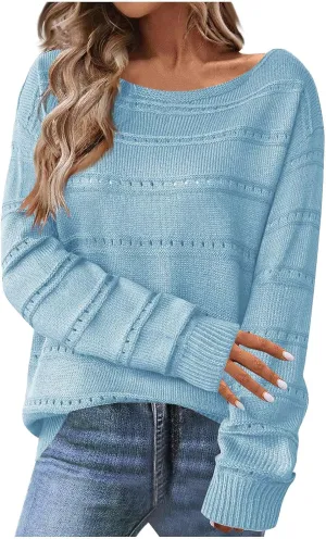 Womens Striped Sweater Casual Ribbed Knit Oversized Sweaters Crewneck Striped Color Block Loose Pullover Cute Tops