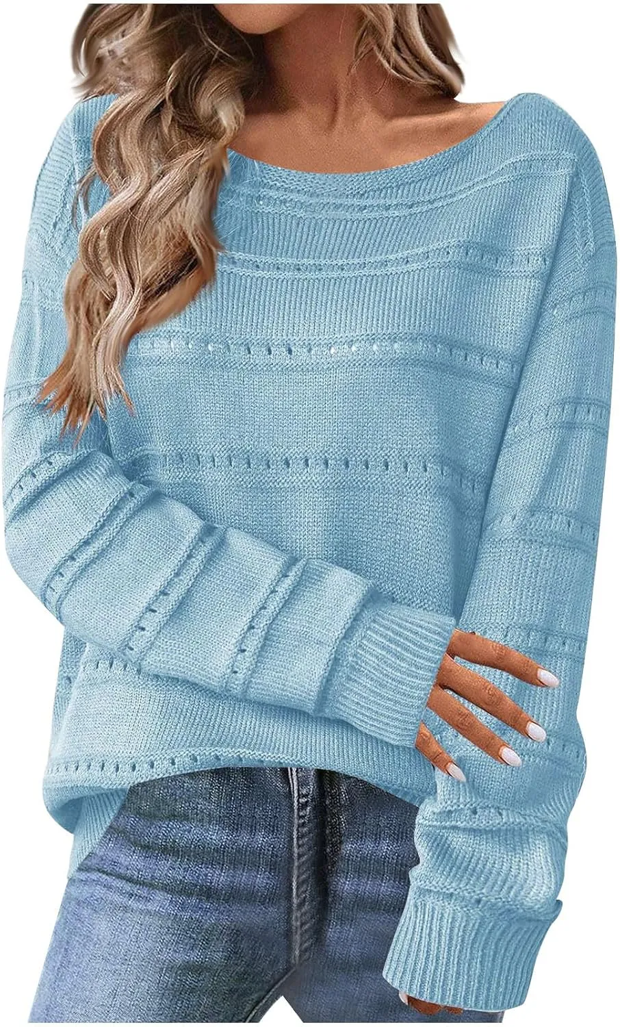 Womens Striped Sweater Casual Ribbed Knit Oversized Sweaters Crewneck Striped Color Block Loose Pullover Cute Tops