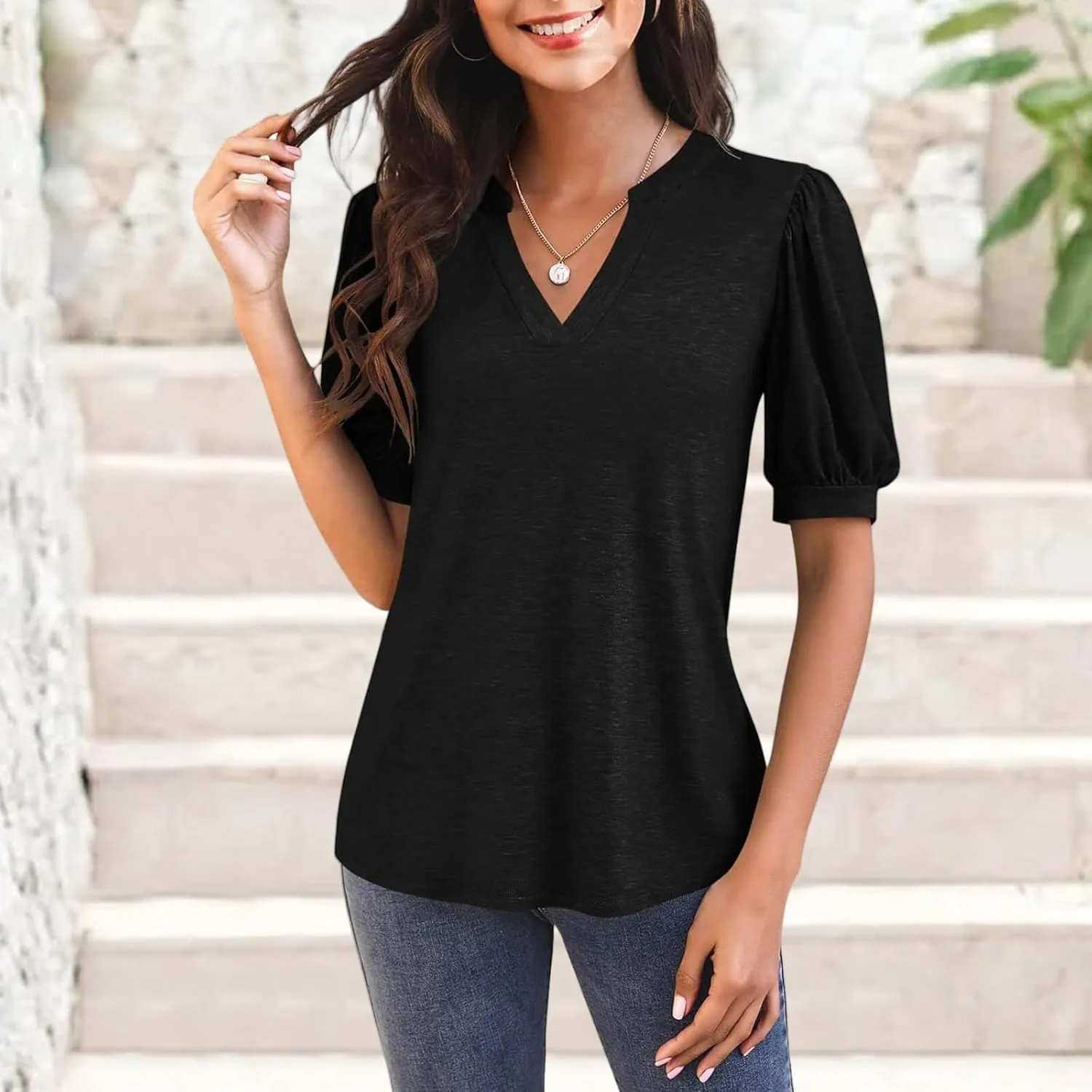 Womens Summer Shirt Casual Puff Sleeve Loose Top Summer Going Out Tee Beach Vacation Tunic Cute Flowy Blouse