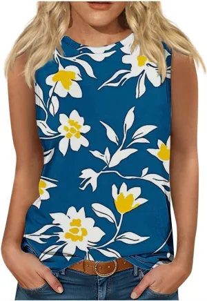 Womens Summer Tank Top Trendy Floral Print Loose Roundneck T Shirts Sleeveless Casual Lightweight Trendy Tunic Blouse