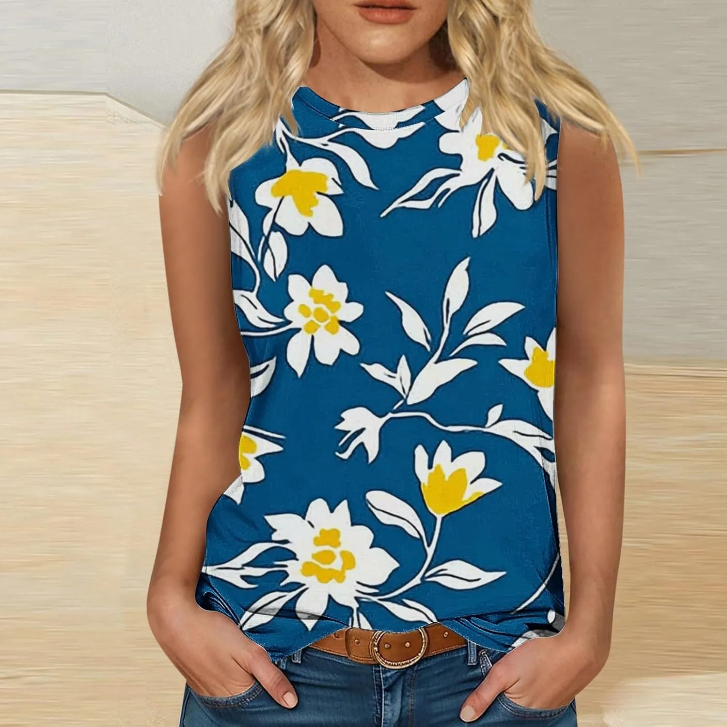 Womens Summer Tank Top Trendy Floral Print Loose Roundneck T Shirts Sleeveless Casual Lightweight Trendy Tunic Blouse