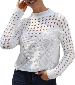 Womens Sweater Top Fall 2024 Oversized Knit Long Sleeve Crochet Pullover Color Block Striped Blouse Tops Boho Clothes