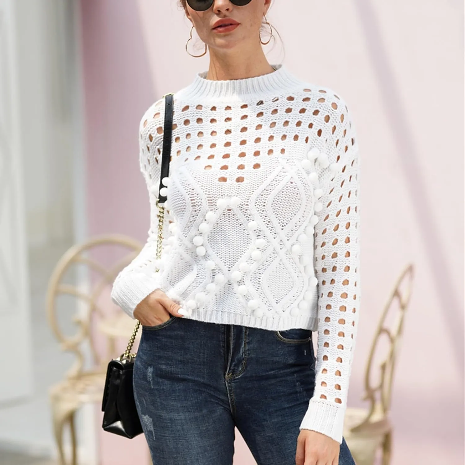 Womens Sweater Top Fall 2024 Oversized Knit Long Sleeve Crochet Pullover Color Block Striped Blouse Tops Boho Clothes