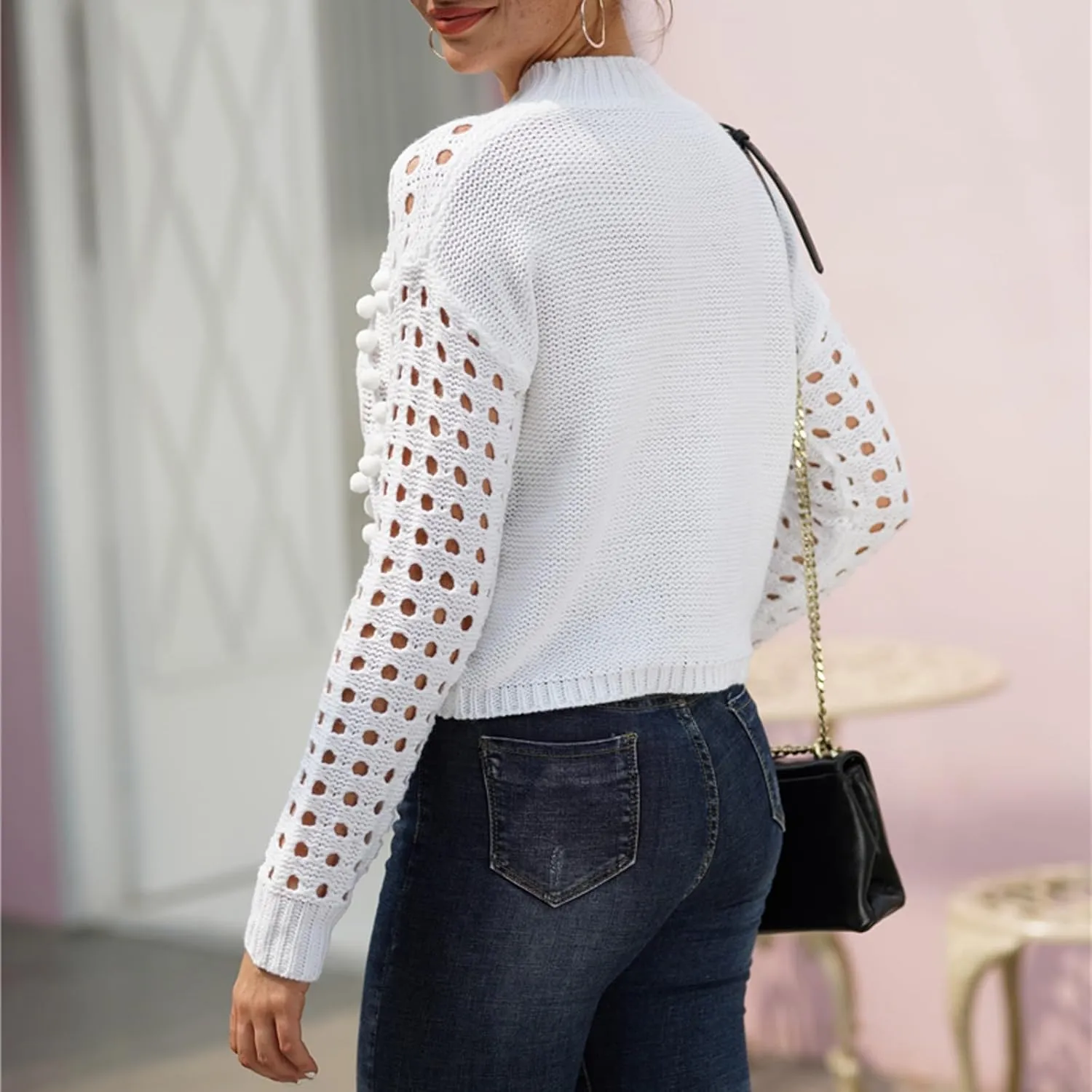 Womens Sweater Top Fall 2024 Oversized Knit Long Sleeve Crochet Pullover Color Block Striped Blouse Tops Boho Clothes