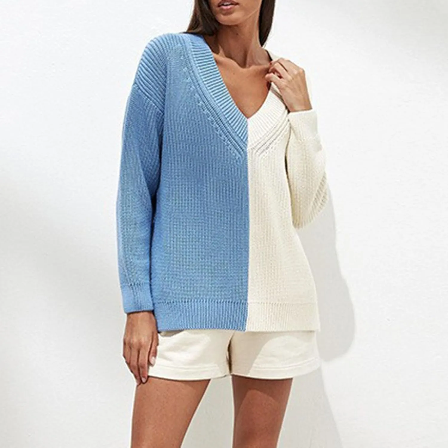 Womens Sweaters Fall Dressy Casual V Neck Long Sleeve Pullover Fashion Clothes 2024 Color Block Knit Trendy Tops